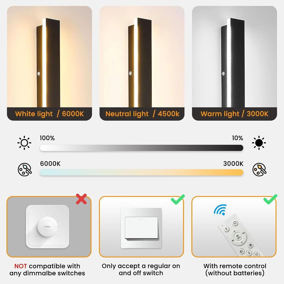 Wall Light Outdoor LED Dimmable 150CM Tricolour Remote Memory Staircase Garden