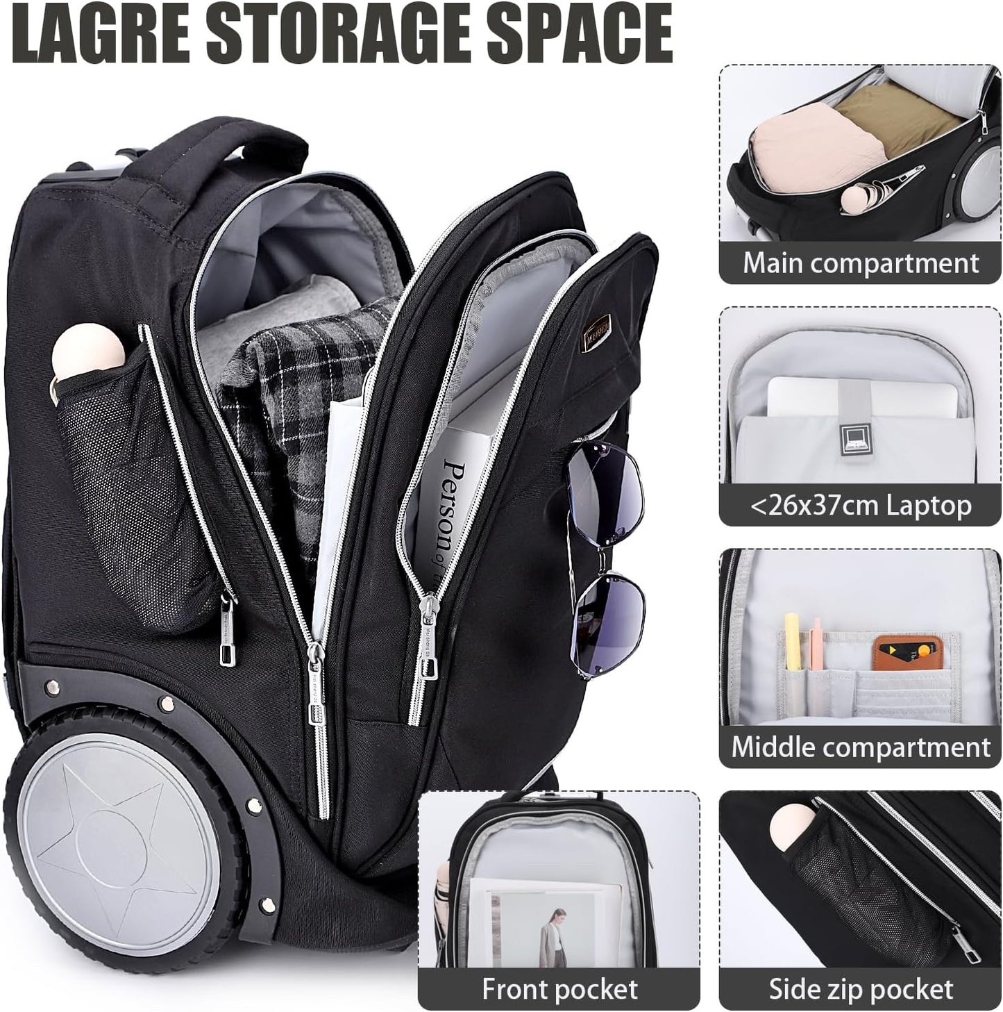 Rolling Backpack Carry On Laptop Bag Large Wheels Telescopic Handle Travel