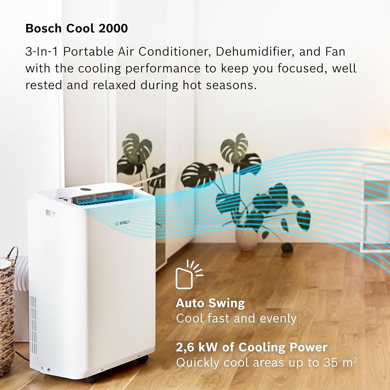 Bosch Cool 2000 Portable AC 3-in-1 Air Conditioner 2.6kW Dehumidifier Fan