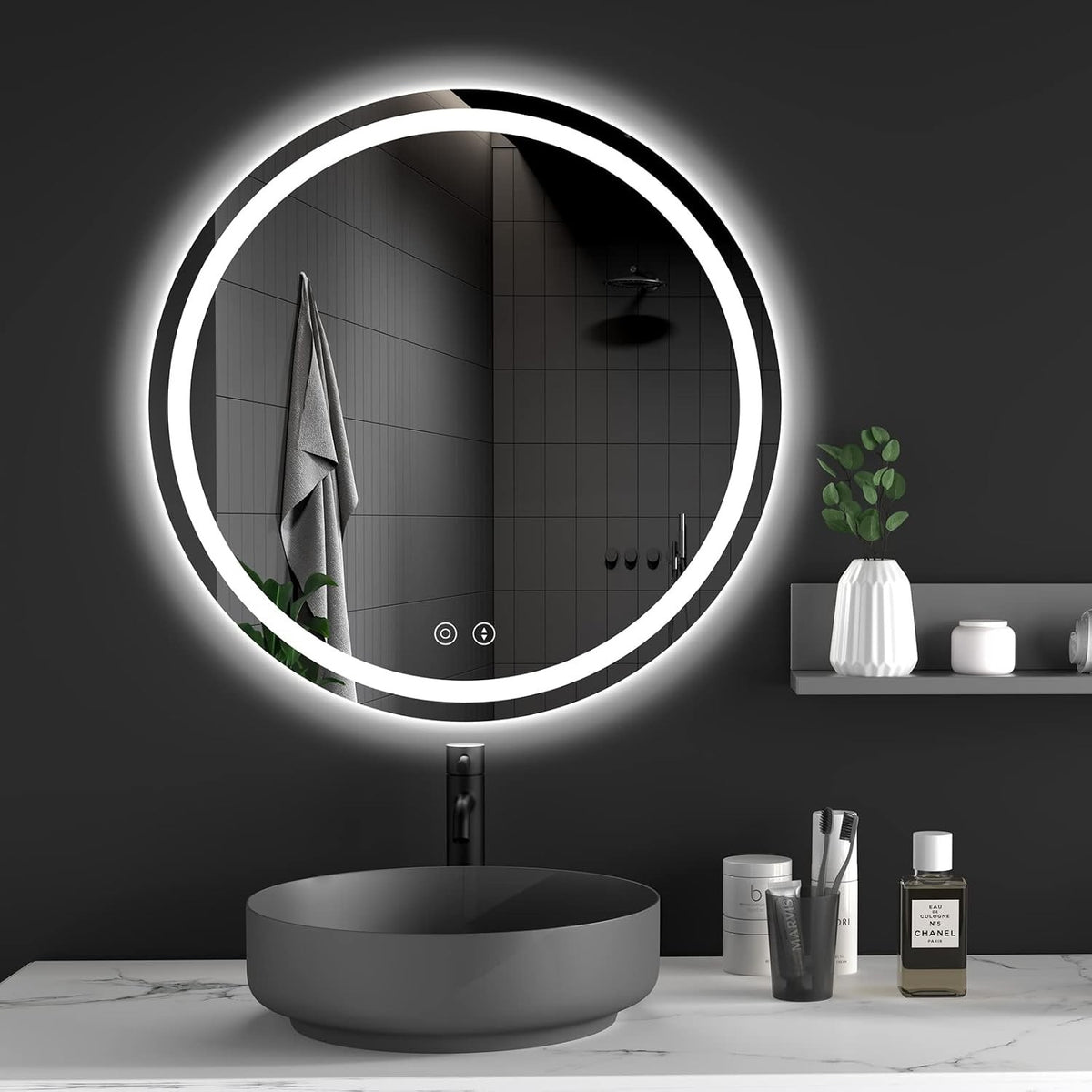 LED Bathroom Mirror Round 500mm Illuminated Anti Fog Demister Dimmable 3 Colour 