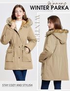 Womens Winter Parka Jacket Waterproof Fleece Lined Hooded Coat Khaki XL