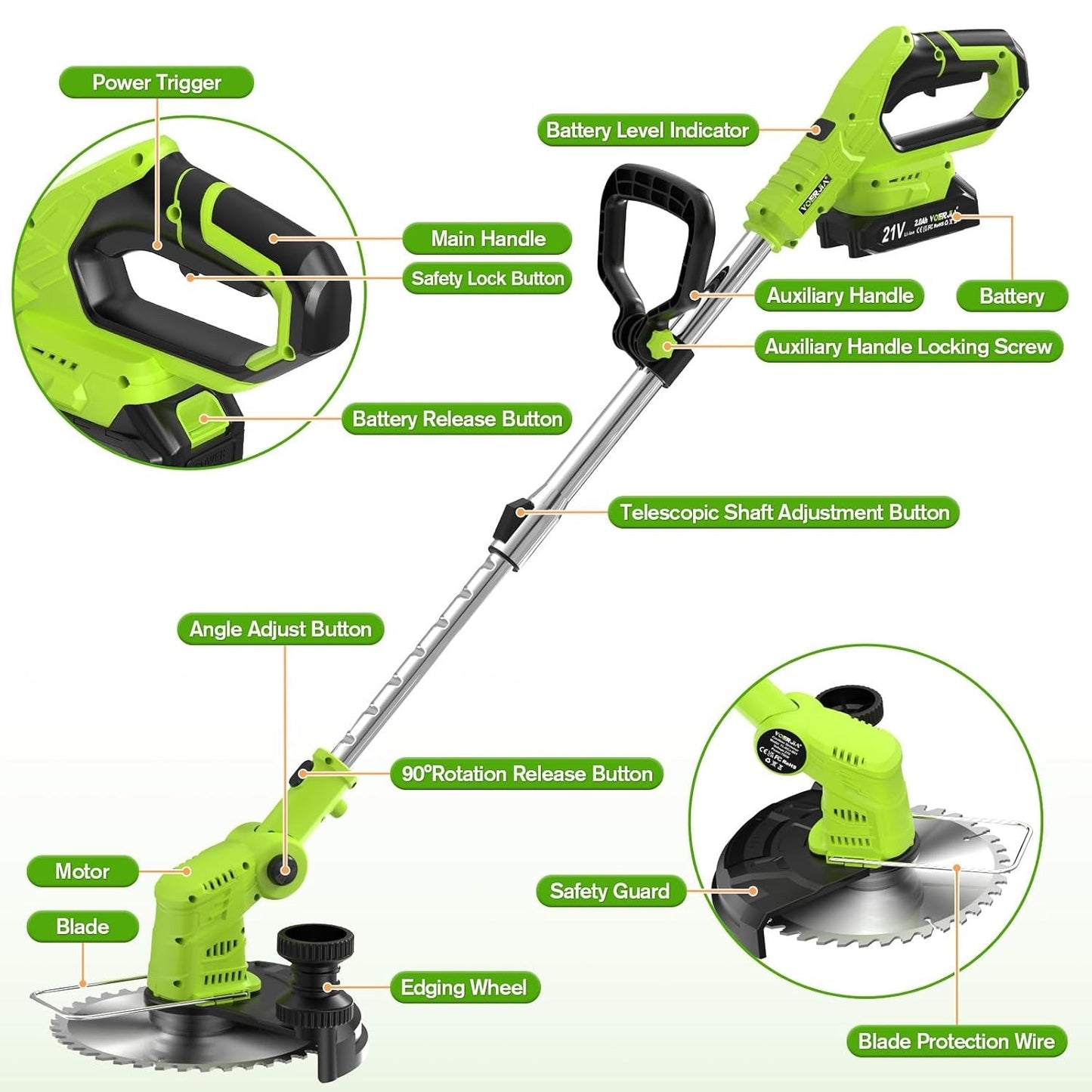Cordless Grass Trimmer Strimmer Brush Cutter 21V 2 Batteries 4-in-1 Lawn Mower