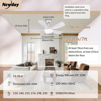 Ceiling Fan Light Remote 30in White 5 Blade Reversible Dimmable LED Sleep Mode