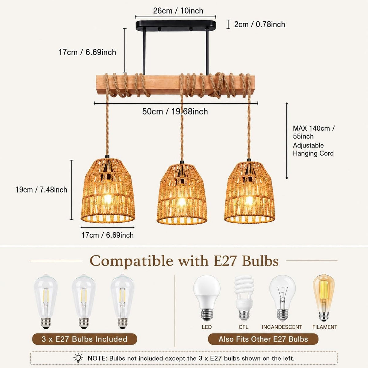 Rattan Pendant Light Chandelier Boho Brown E27 Adjustable 140cm Kitchen Lamp