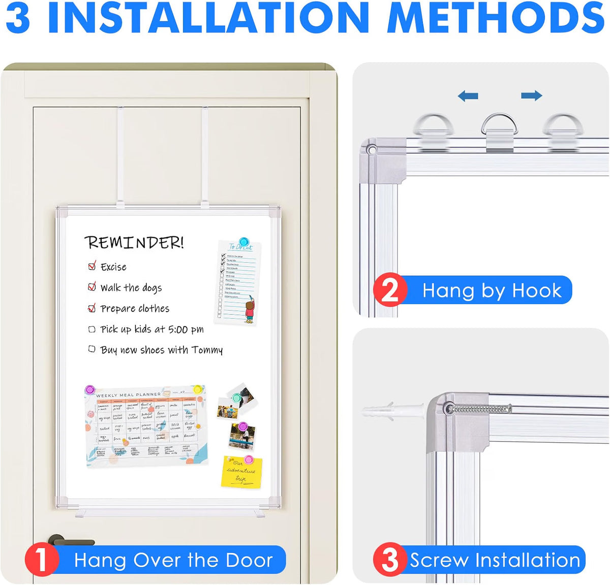 Magnetic Whiteboard Dry Erase Board 60x45cm Over Door Wall Mount Adjustable Hook