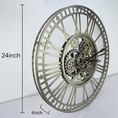 Wall Clock Oversized Industrial Steampunk 60CM Vintage Bronze Moving Gears Roman