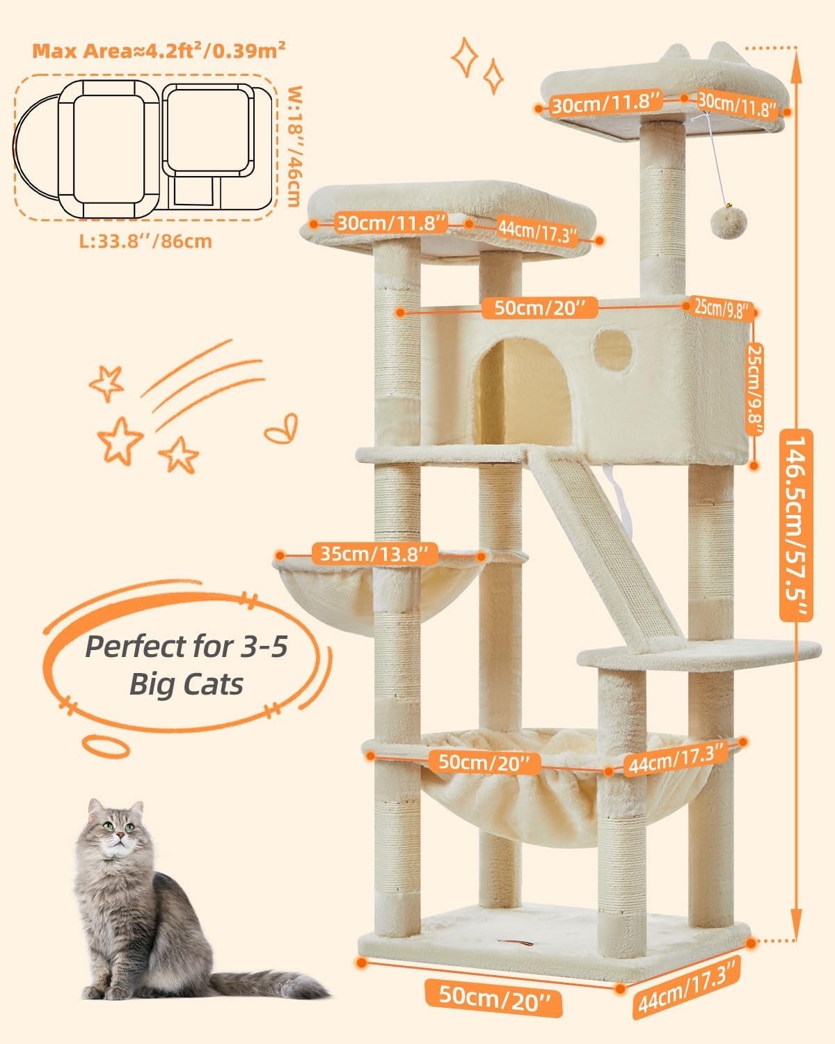 Cat Tree Scratching Tower 146cm Large Indoor Condo Hammock 8 Sisal Posts Beige