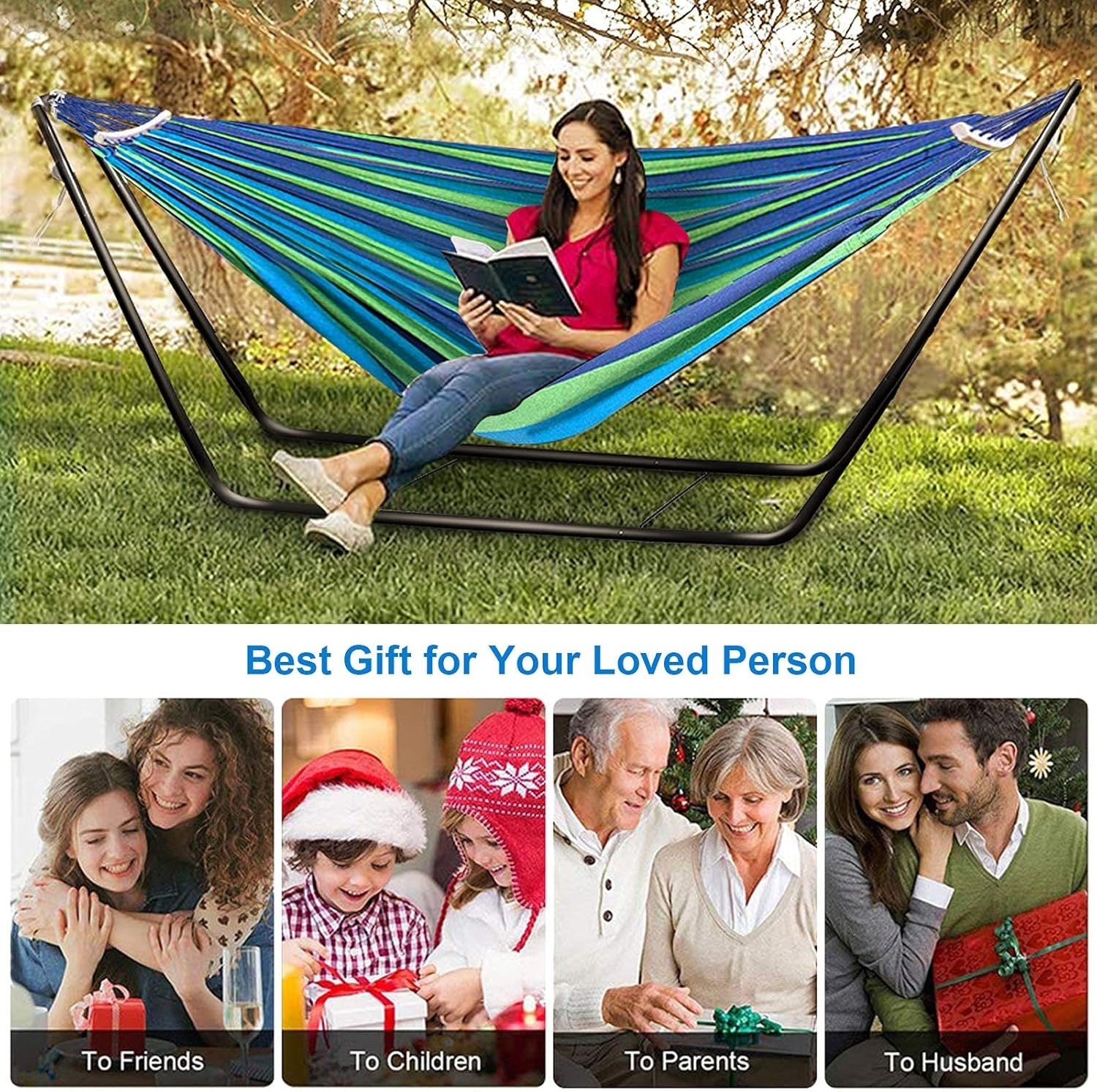 Double Cotton Hammock Stand Adjustable Steel Frame Blue 2 Person Carry Bag Set