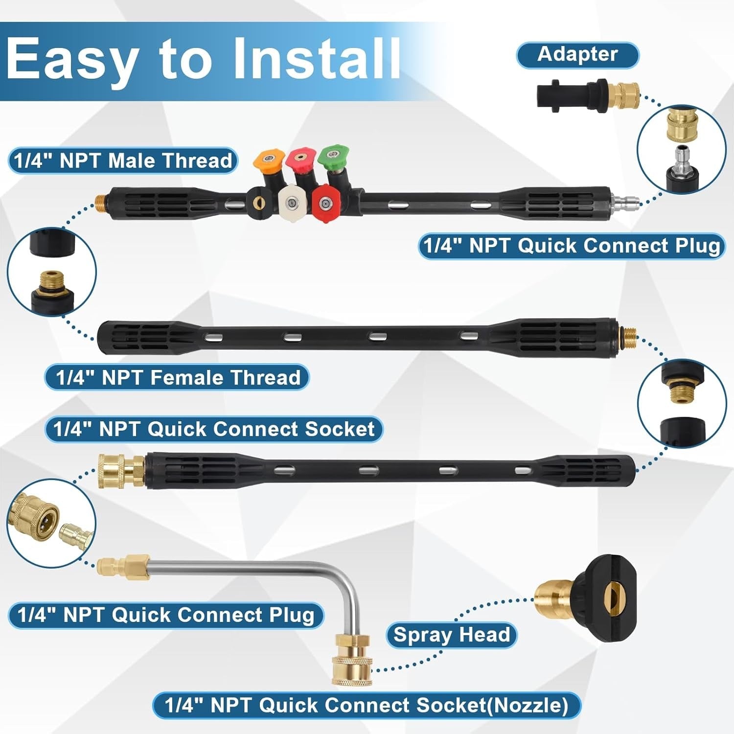 10 Pcs Pressure Washer Extension Wand Karcher K2-K7 4000PSI with 6 Nozzle Tips