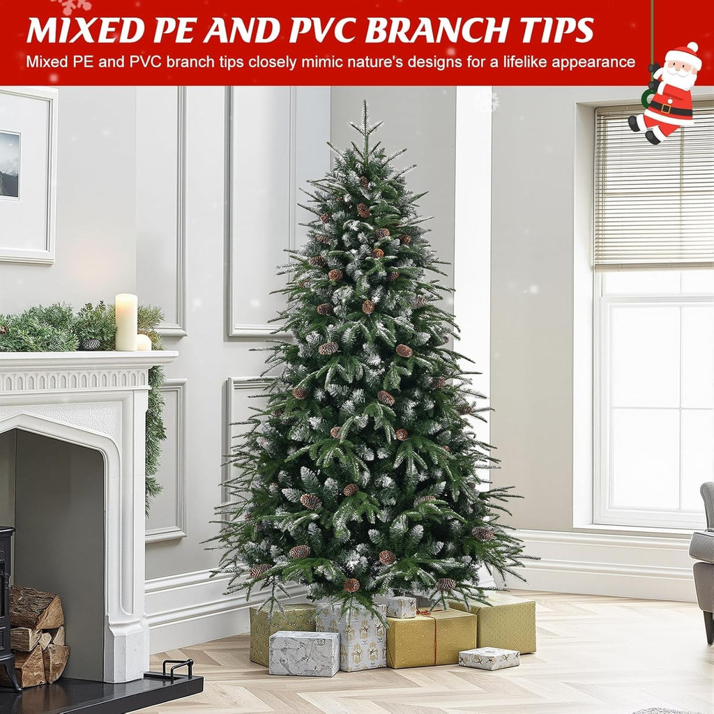 180cm Snow Flocked Artificial Christmas Tree PE PVC Pinecones Wood Stand