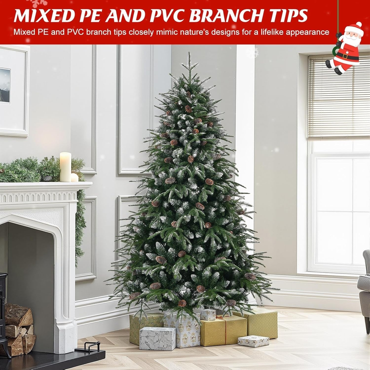 180cm Snow Flocked Artificial Christmas Tree PE PVC Pinecones Wood Stand