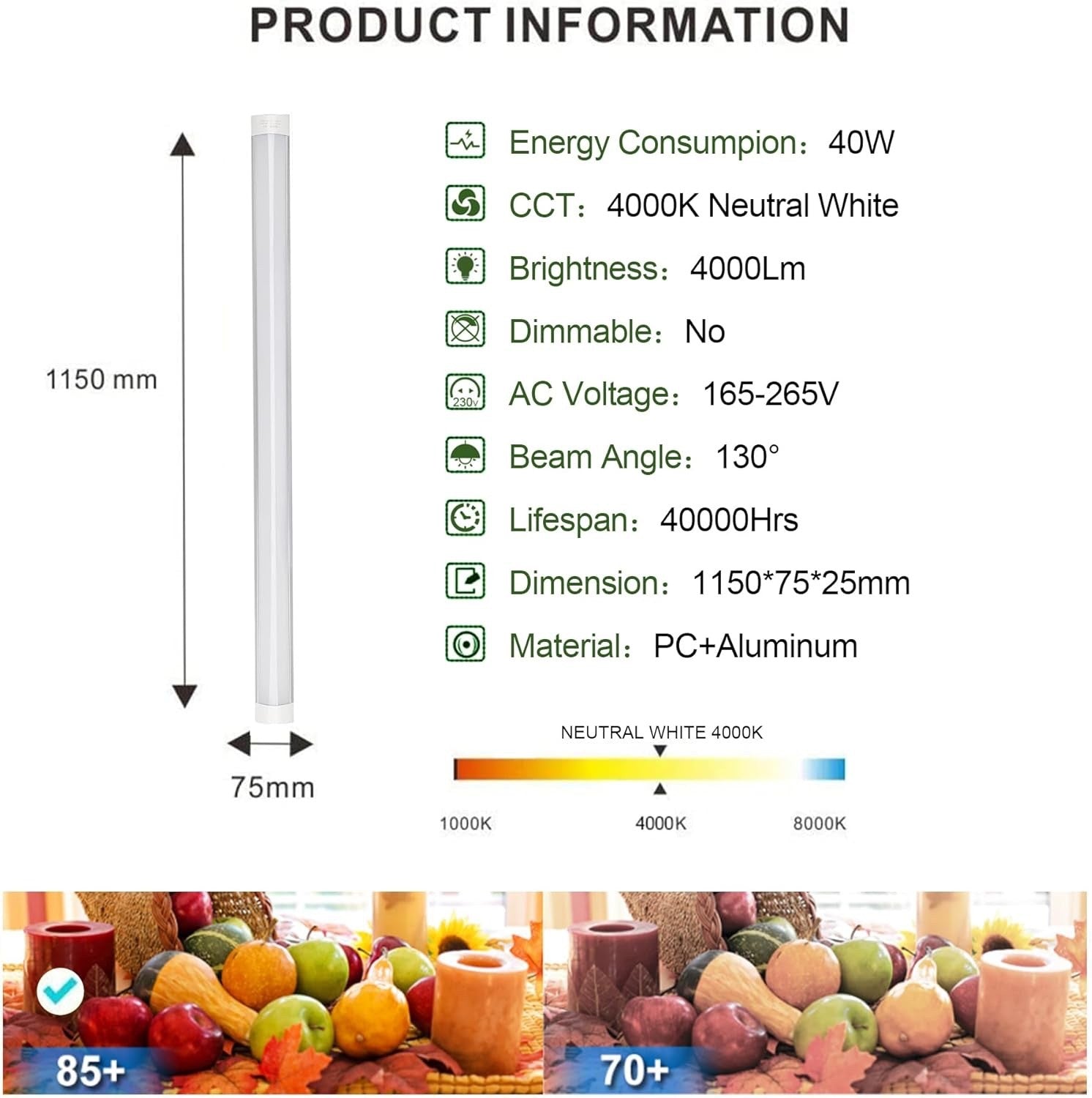 2 Pack 4FT LED Batten Light 40W 4000K 4000LM Ceiling Garage Workshop