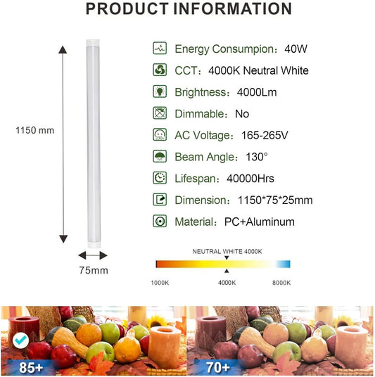 2 Pack 4FT LED Batten Light 40W 4000K 4000LM Ceiling Garage Workshop