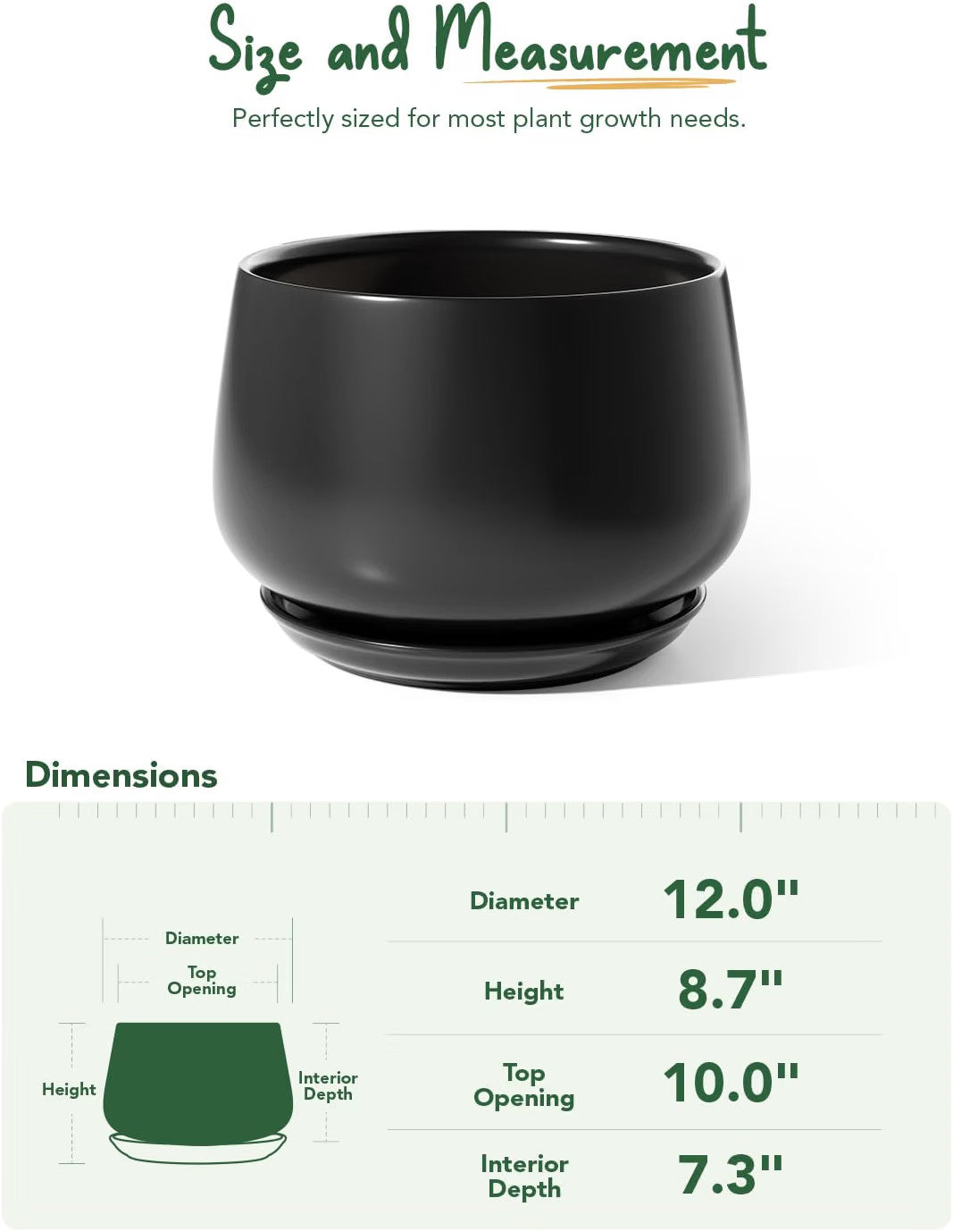 Ceramic Plant Pot 30cm Black Indoor Planter Drainage Hole Saucer Modern