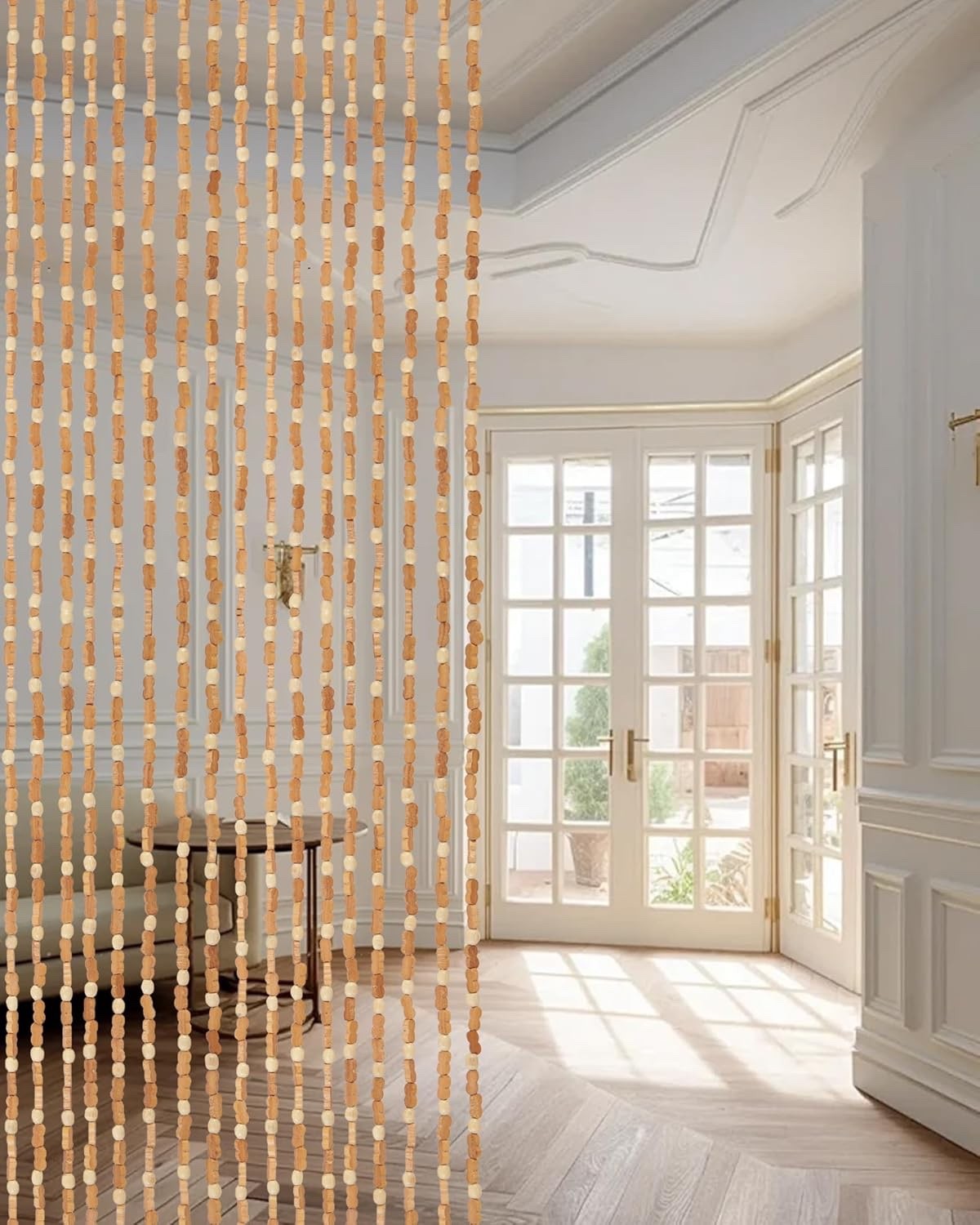 Bamboo Beaded Door Curtain 90x200cm 52 Strands Beige Wooden Fly Screen Doorway