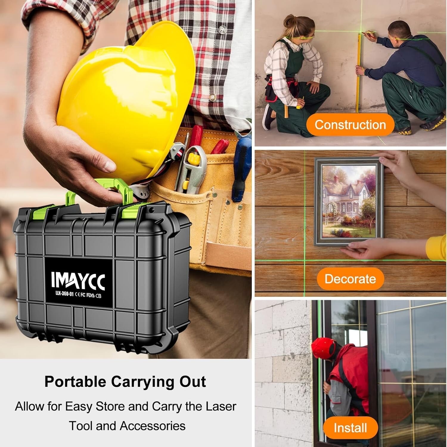 IMAYCC 3D Green Laser Level Self Level 16 Lines Cross Line Tool Indoor Outdoor