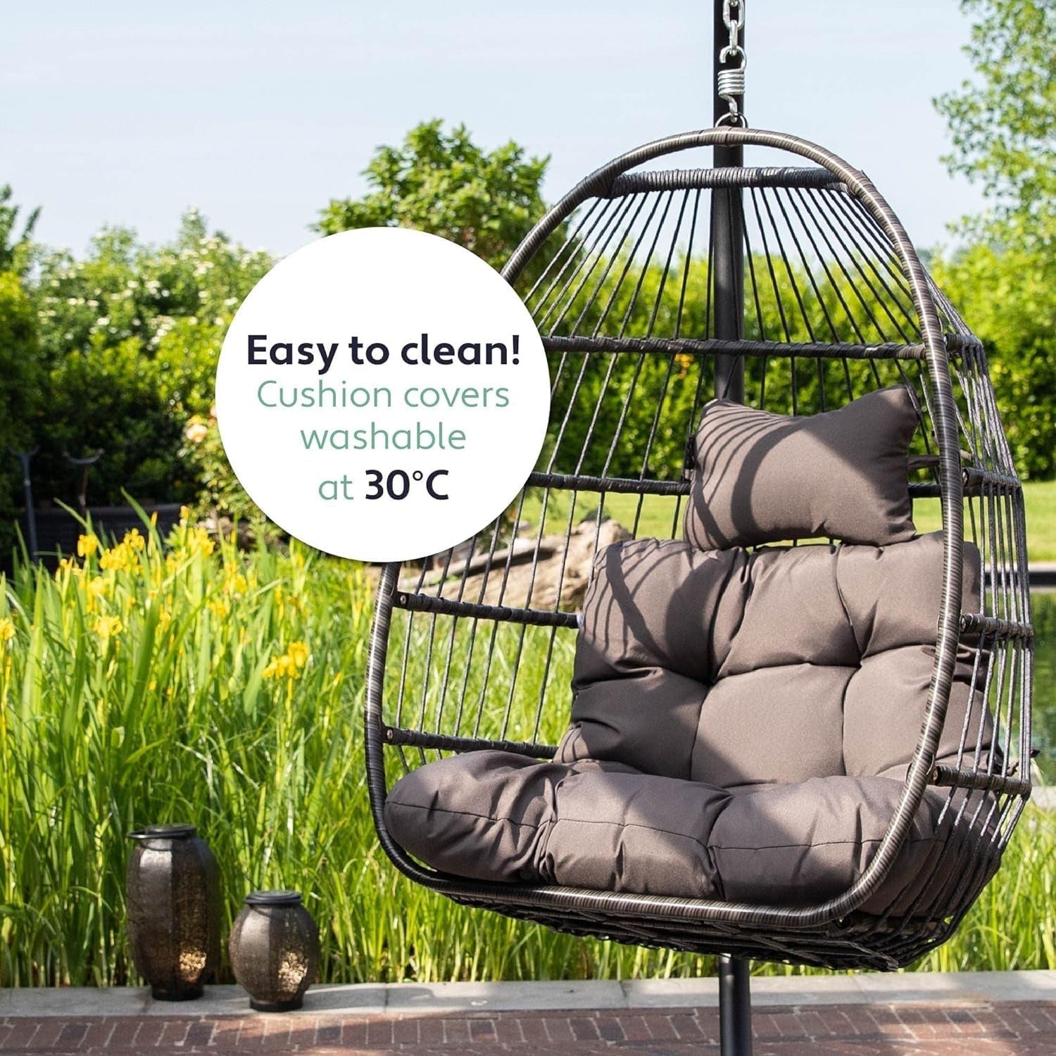 Vita5 Dark Grey Egg Chair Polyrattan Frame Cushion Hanging Indoor Outdoor 150kg