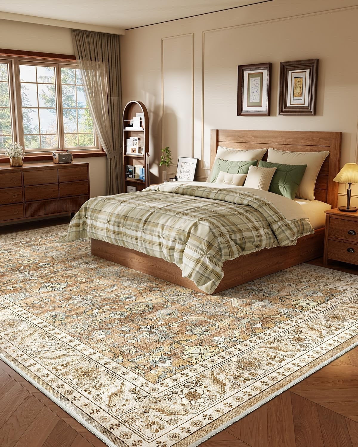 Area Rug Carpet Washable Vintage Beige Brown Non Slip Low Pile 240x340cm Home