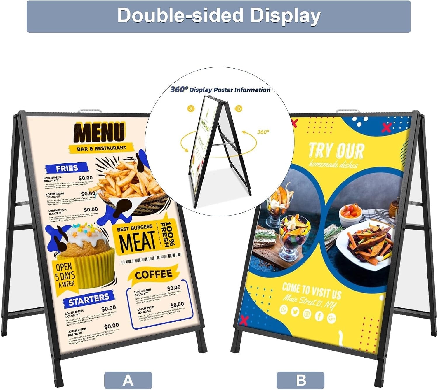 STANDNEE Double Sided Pavement A-Frame Sign Board 60x90cm Black Outdoor