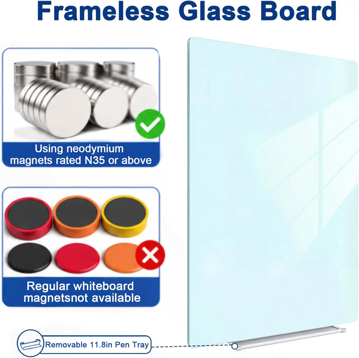 Glass Dry Erase Whiteboard 40x60cm Black Magnetic Frameless Wall Mounted Board