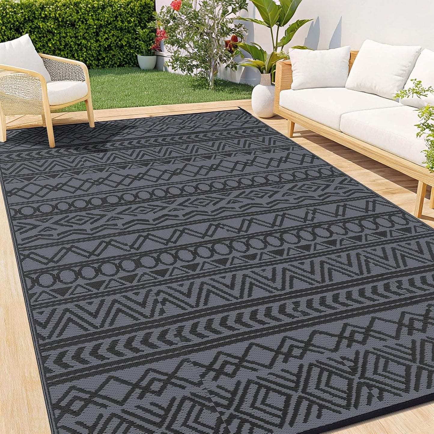 Outdoor Patio Garden Rug 270x360cm Waterproof Reversible Black Grey Camping Mat