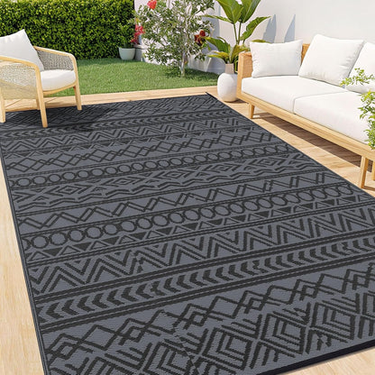 Outdoor Patio Garden Rug 270x360cm Waterproof Reversible Black Grey Camping Mat
