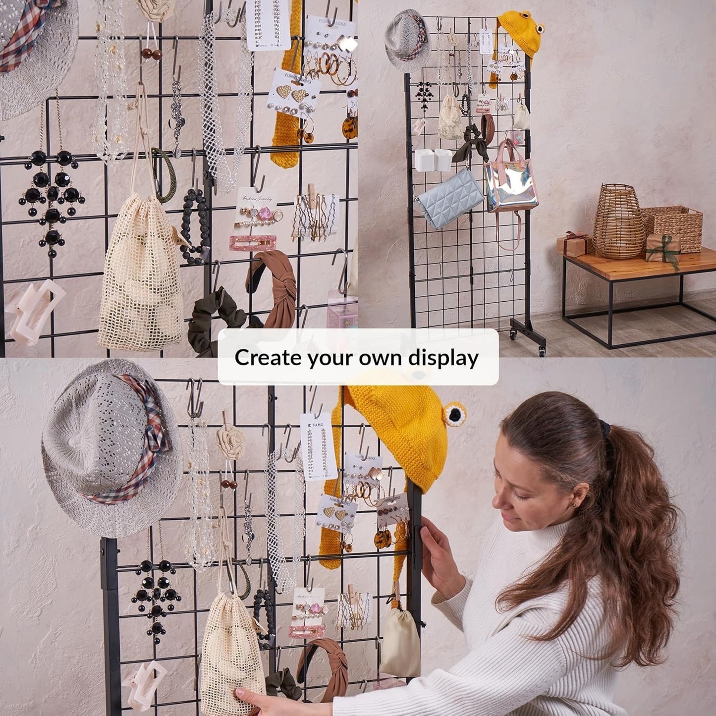 ODOXIA 2 packs | Grid wall | Black Metal Display Rack With Wheels, Space Saving