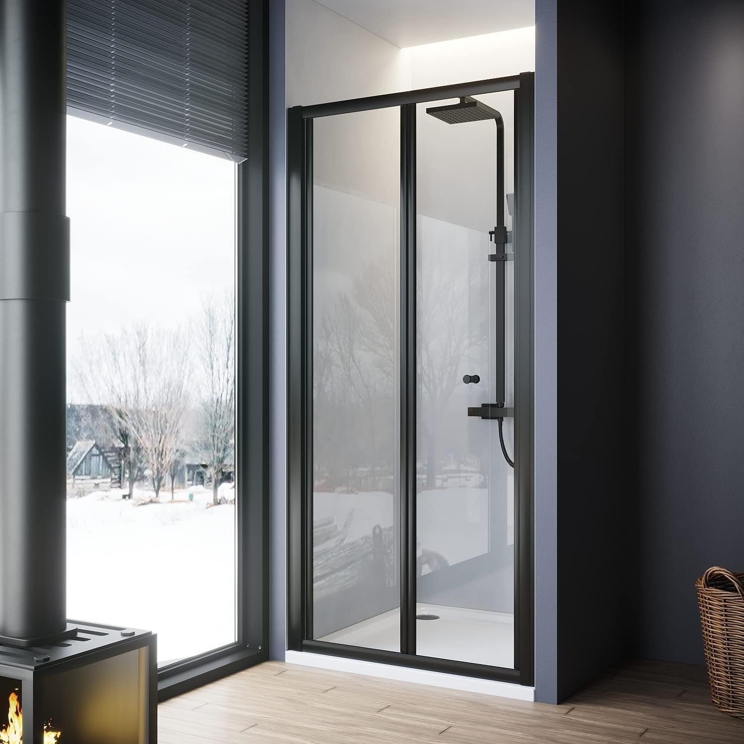 900mm Black Bi Fold Shower Door Inward Opening Space Saving Enclosure