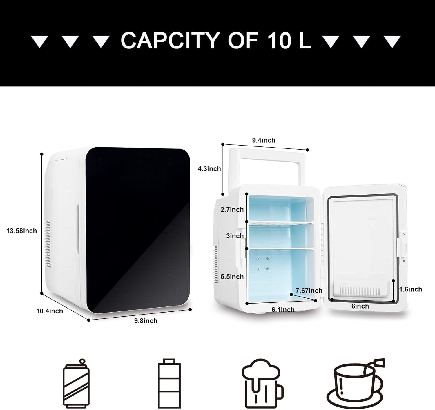 Mini Fridge Beauty Refrigerator 10L 12 Can AC/DC Black Skincare Cooler Bedroom