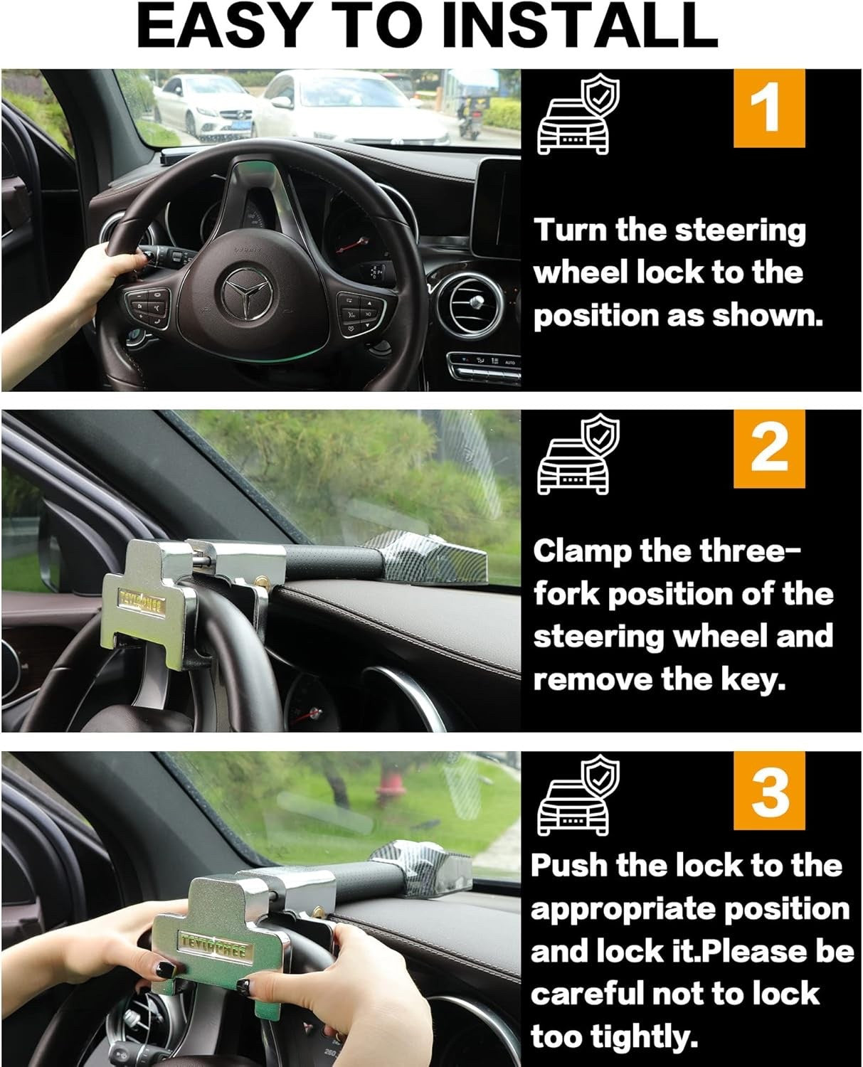 Tevlaphee Steering Wheel Lock with 120dB Alarm Anti-Theft Car Security Device