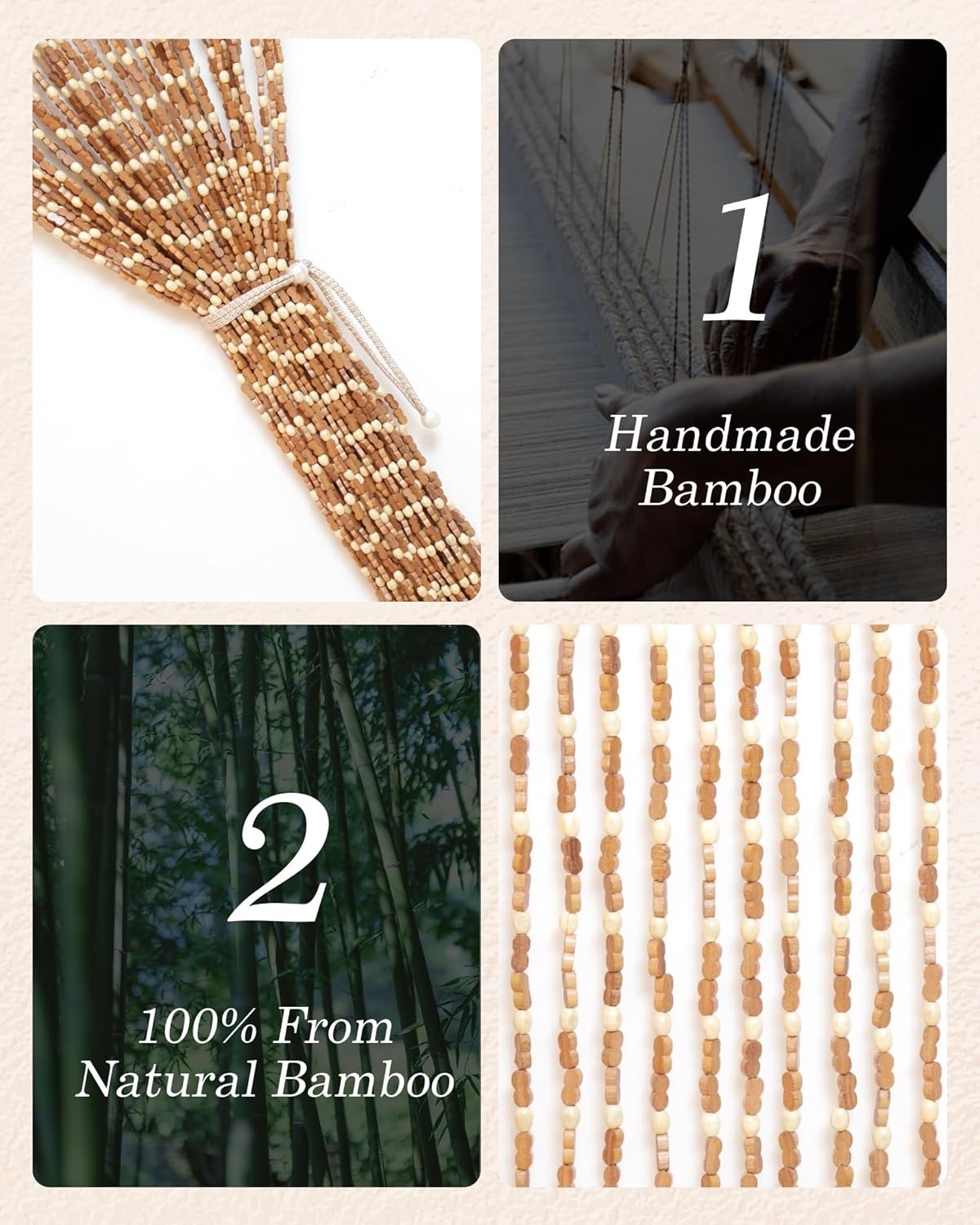 Bamboo Beaded Door Curtain 90x200cm 52 Strands Beige Wooden Fly Screen Doorway