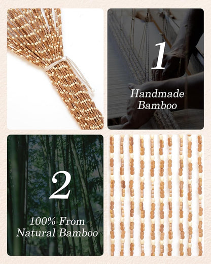 Bamboo Beaded Door Curtain 90x200cm 52 Strands Beige Wooden Fly Screen Doorway