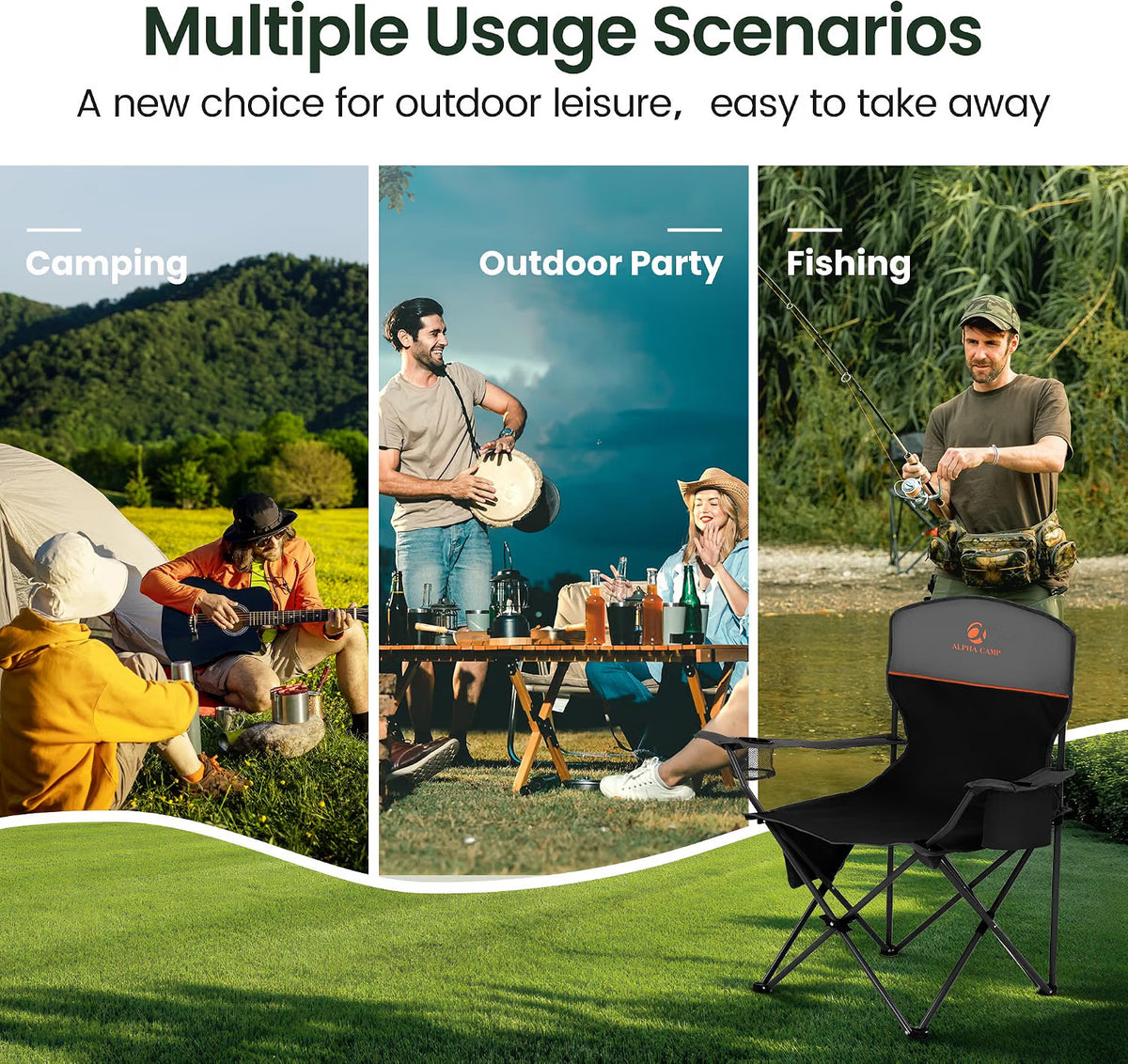 Folding Camping Chairs Pair Black Cooler Bag Cup Holder Side Pocket Carry Bags
