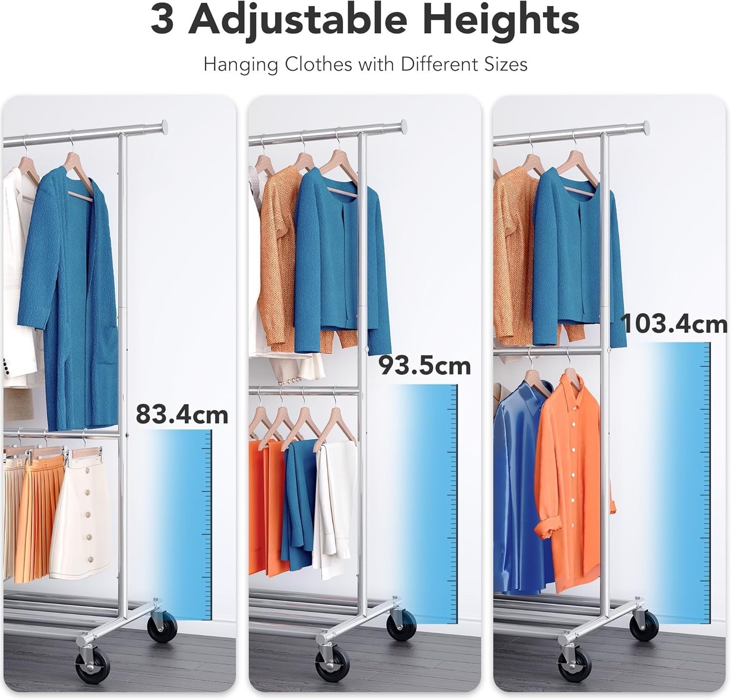 Heavy Duty Double Clothes Rail w/ Wheels 209kg Adjustable Mobile Rack