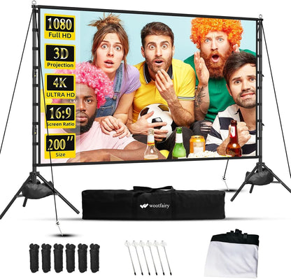 Projector Screen 200 Inch 16:9 4K Portable Stand Carry Bag Indoor Outdoor Cinema
