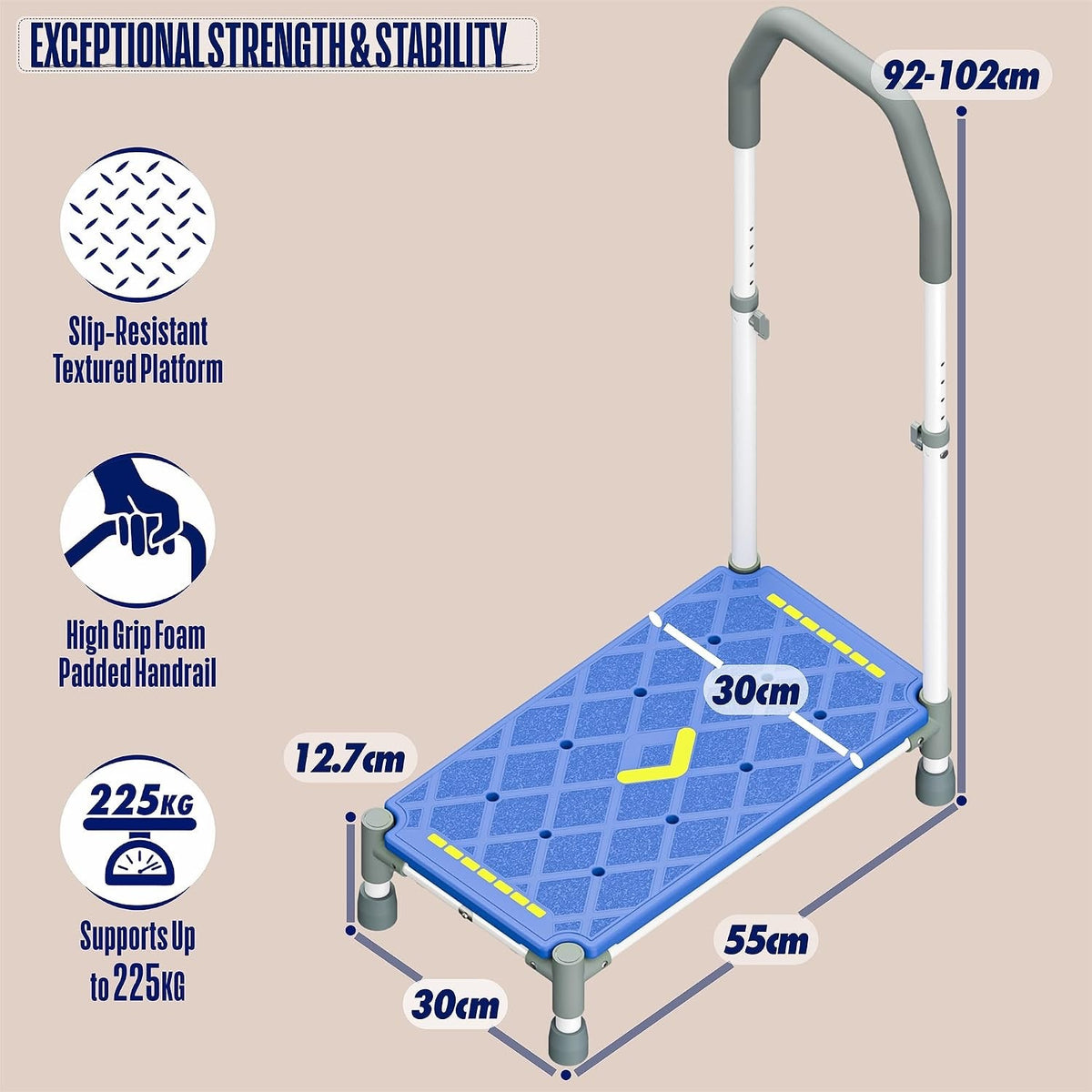 Step Stool Handrail Platform Adjustable Arms Non Slip 225kg Blue Bed Bathroom