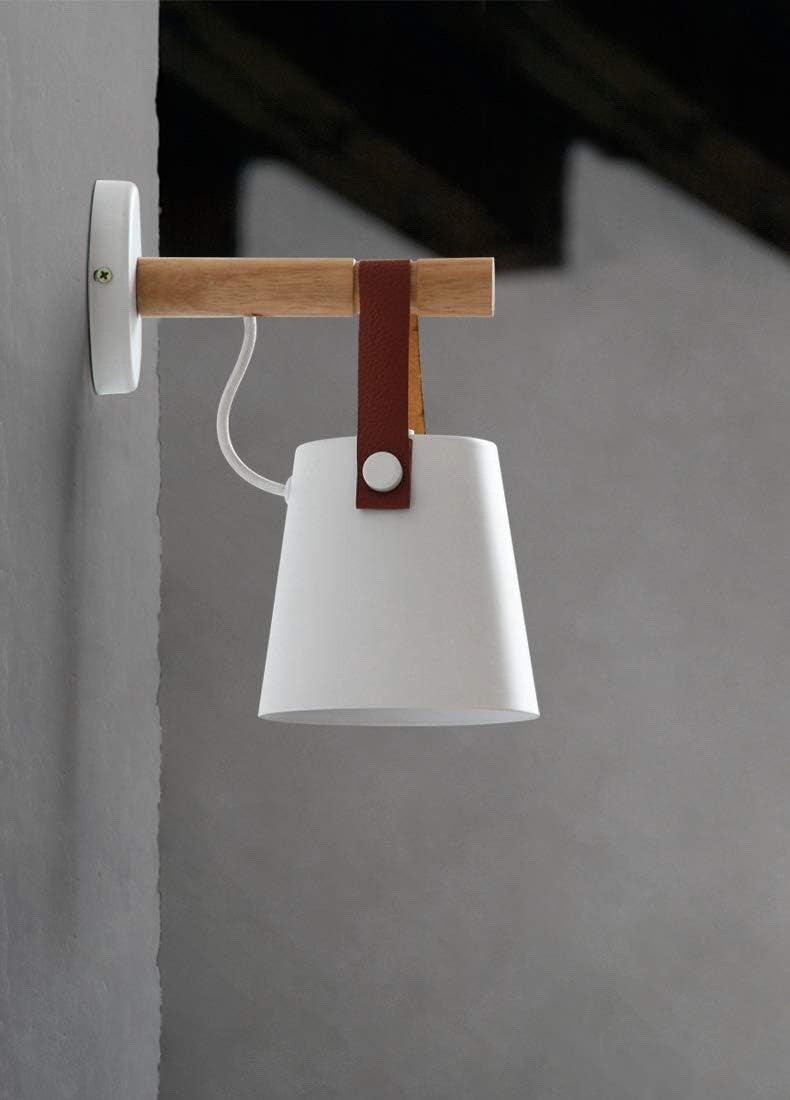 Wall Light Sconce LED E27 Wooden Leather Modern Bedroom Bedside White Lamp
