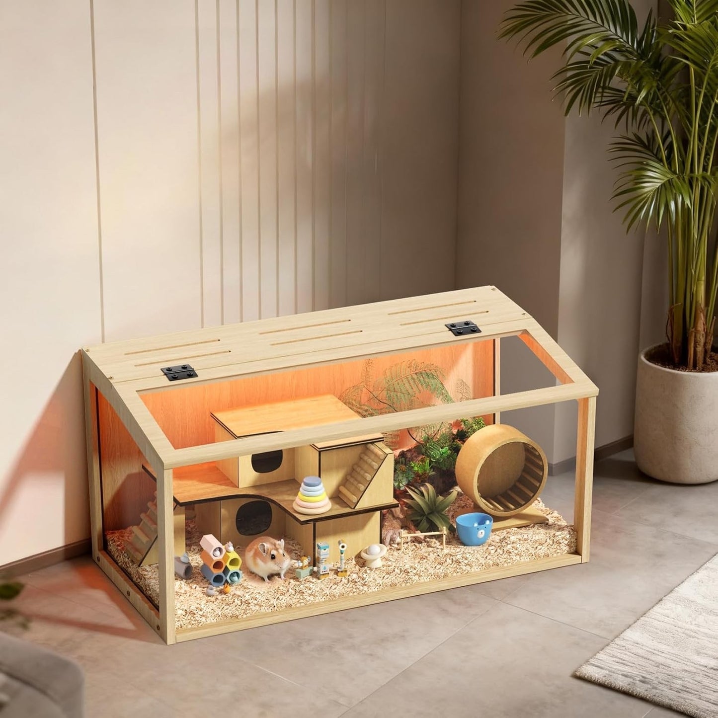 Hamster Cage Wooden Large Chewproof 80x40x40cm Acrylic LED Gerbil Rat Habitat