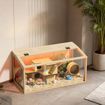 Hamster Cage Wooden Large Chewproof 80x40x40cm Acrylic LED Gerbil Rat Habitat