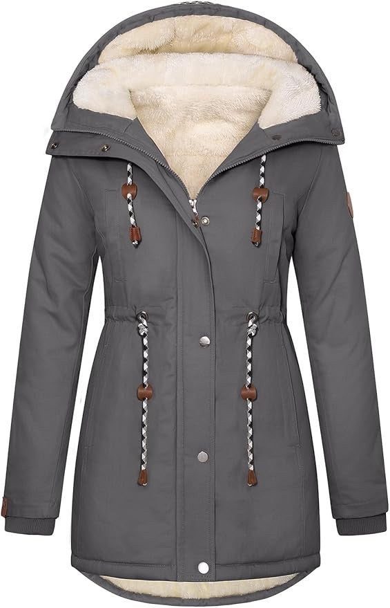 Womens Winter Parka Jacket Fleece Lined Hooded Thermal Coat Grey XXL