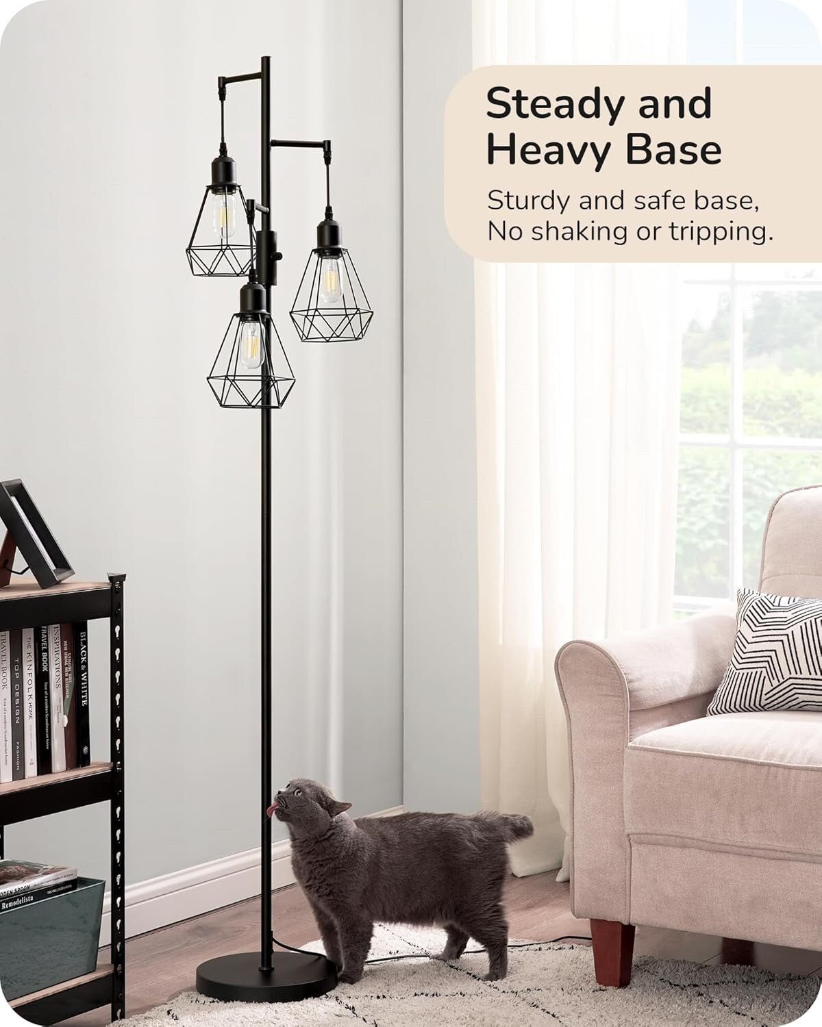 EDISHINE Industrial Floor Lamp with 3 LED Bulbs Diamond Cage Lampshade Black