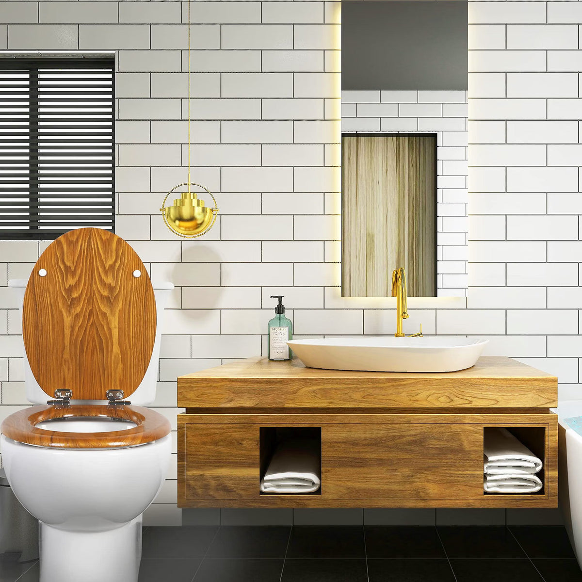 Toilet Seat Wooden Soft Close Oak 45x37cm Antibacterial Quick Release Hinges Eas
