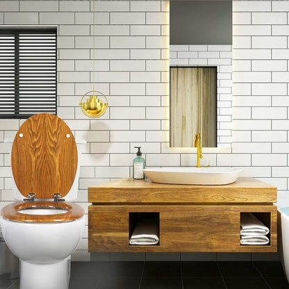 Toilet Seat Wooden Soft Close Oak 45x37cm Antibacterial Quick Release Hinges Eas