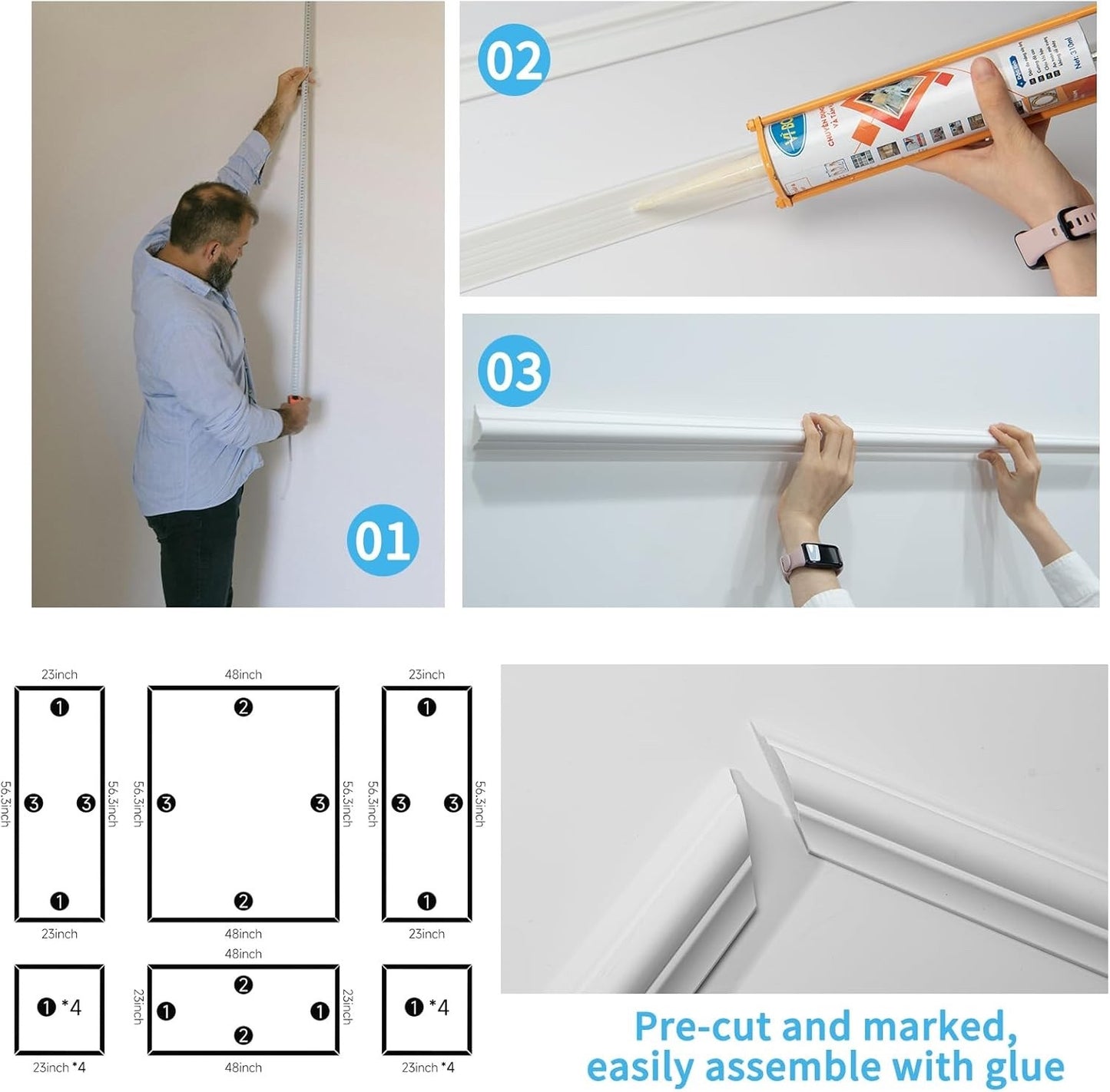 Wall Moulding Panel Kit Pre Cut Wainscoting 24pc White Polystyrene DIY Decor