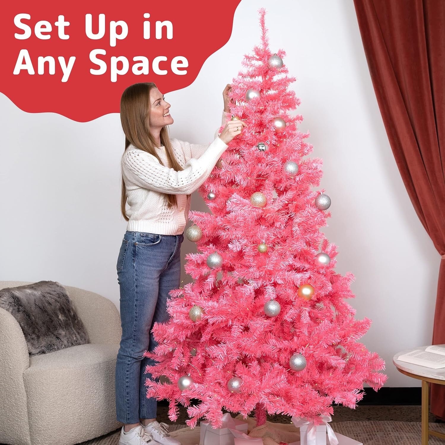 Prextex 1.8M Pink Artificial Christmas Tree Canadian Fir with Metal Stand Indoor