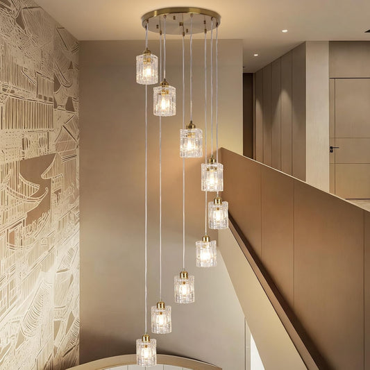 Modern Gold Chandelier 9 Light Glass Pendant E27 Adjustable 220cm Ceiling Lamp