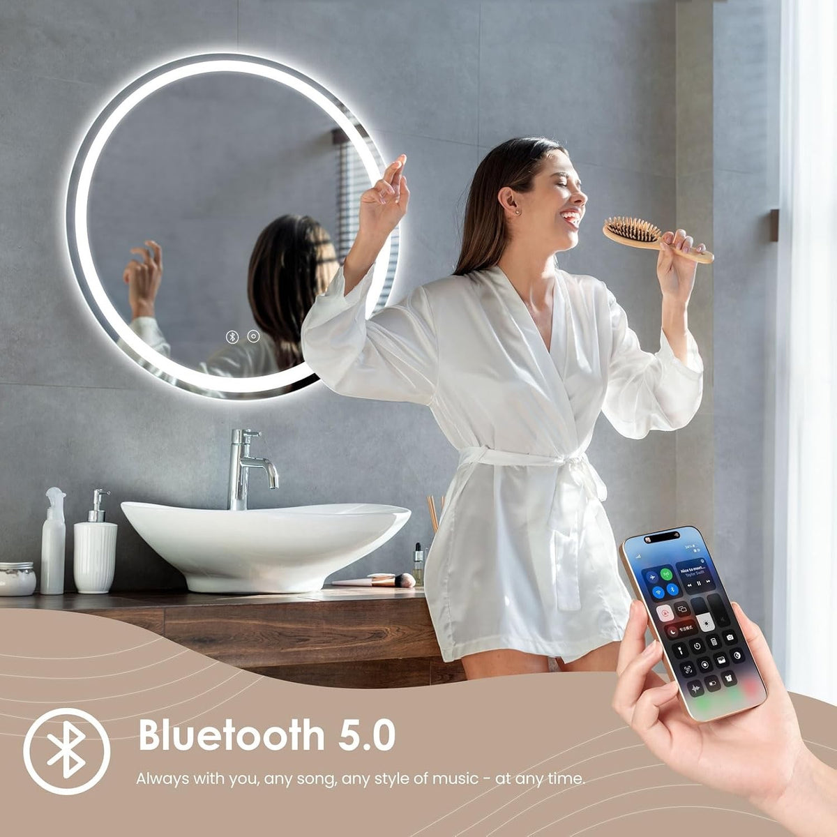 LED Bathroom Mirror Bluetooth Round 500mm Speaker Anti Fog Dimmable Backlit IP44