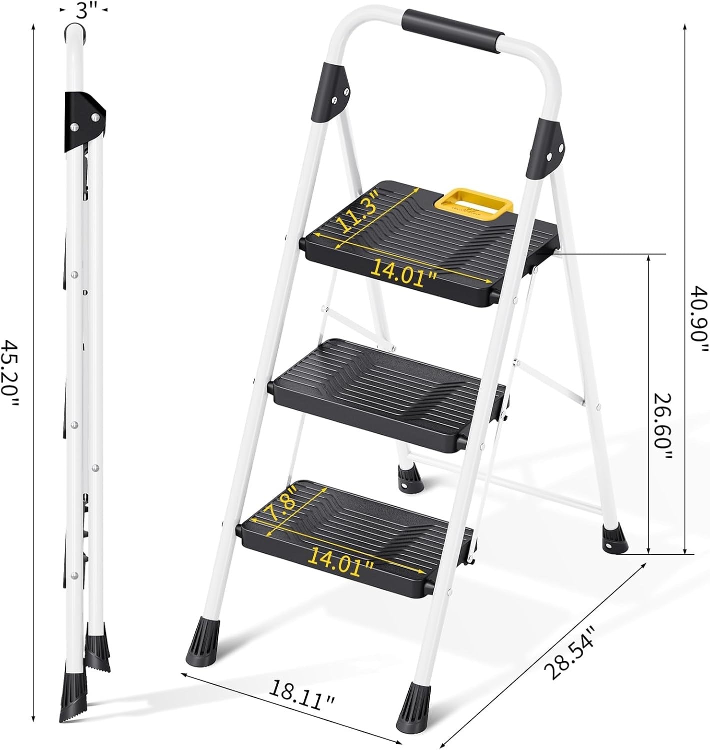3 Step Folding Ladder Step Stool 800lb Capacity Safety Lock Handrail