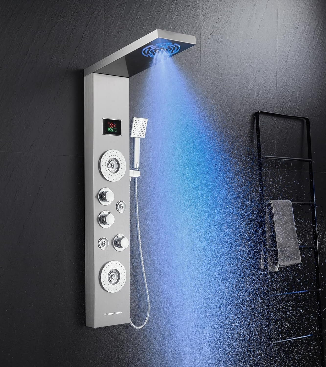 Shower Panel Tower 6 Function LED Display Rain Mist Jets Handset Mixer Brushed
