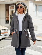 Womens Winter Parka Jacket Fleece Lined Hooded Thermal Coat Grey XXL
